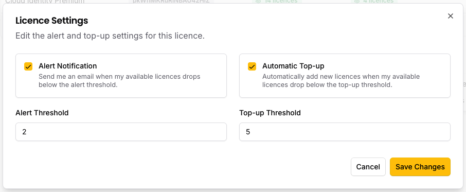 Edit licence settings